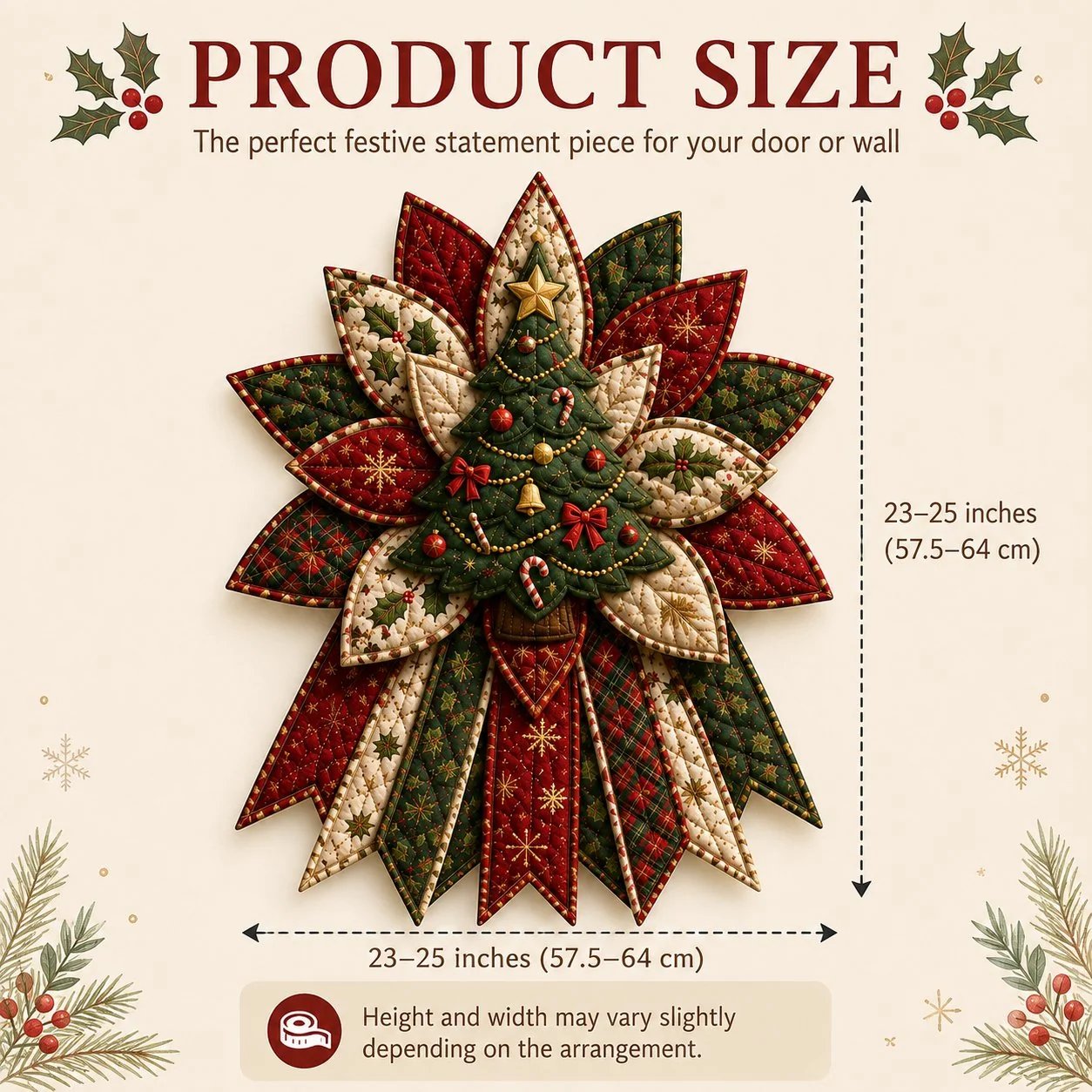 Finished size chart showing 23 to 25 inch quilted Christmas door hanging