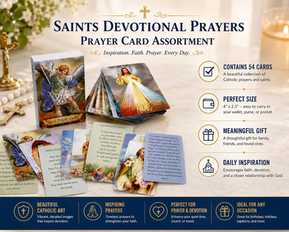 Saints devotional prayer card assortment poster with 54 cards and quality highlights
