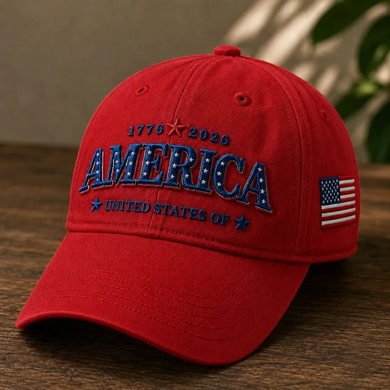 Red America 1776-2026 patriotic 250th anniversary baseball cap with embroidered AMERICA logo