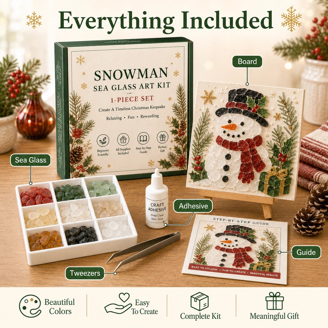 Everything included in Christmas sea glass art kit — board, glass, adhesive, tweezers and guide