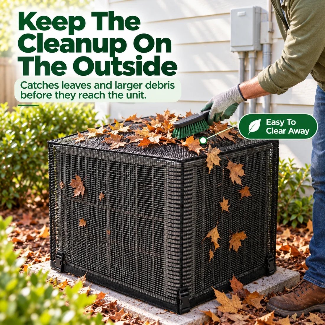 Outdoor AC mesh cover with leaves being cleared from the top
