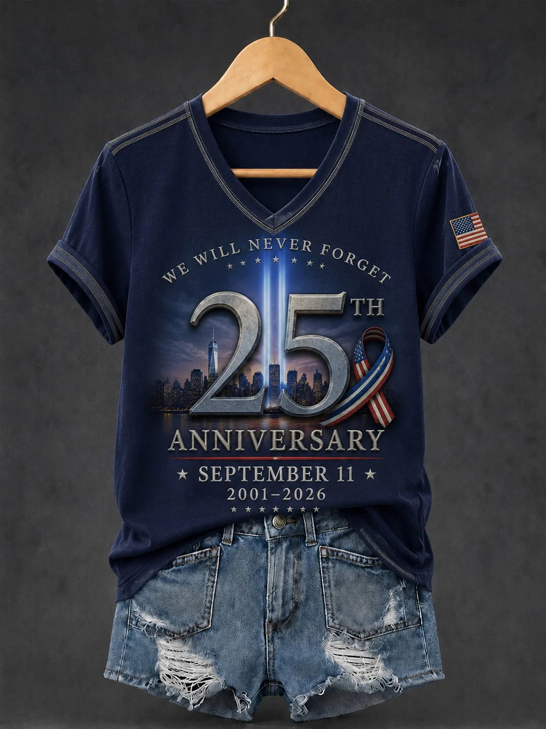 Women's 9/11 Never Forget 25th anniversary V-neck t-shirt Navy