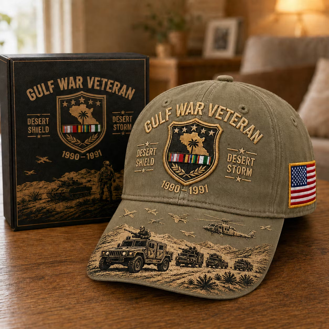 Olive Green Gulf War Veteran cap with gift box
