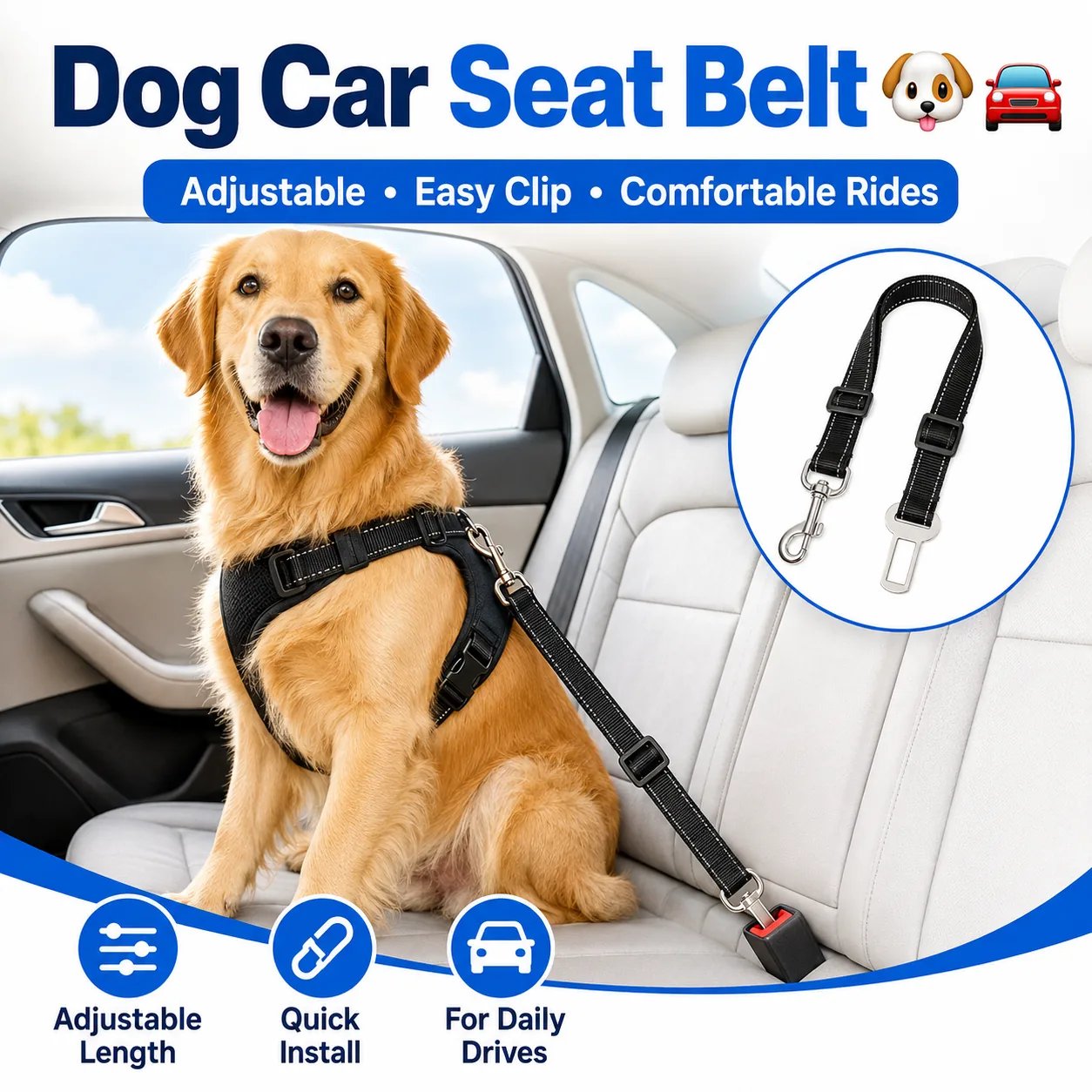 Dog car seat belt overview with adjustable length, easy clip and comfortable ride icons