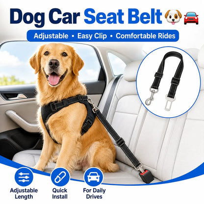 Dog car seat belt overview with adjustable length, easy clip and comfortable ride icons