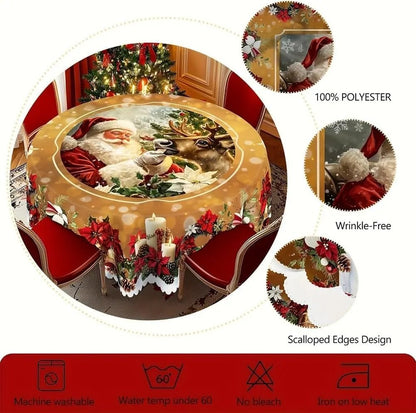 Vintage Christmas tablecloth material info: 100% polyester, wrinkle-free, scalloped edges design with care icons