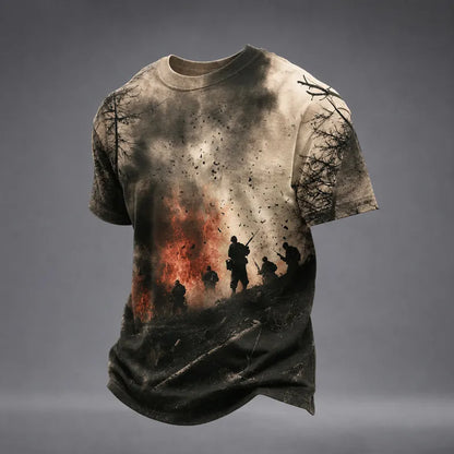 Men's Veteran Battlefield Art Print T-Shirt with soldier silhouettes