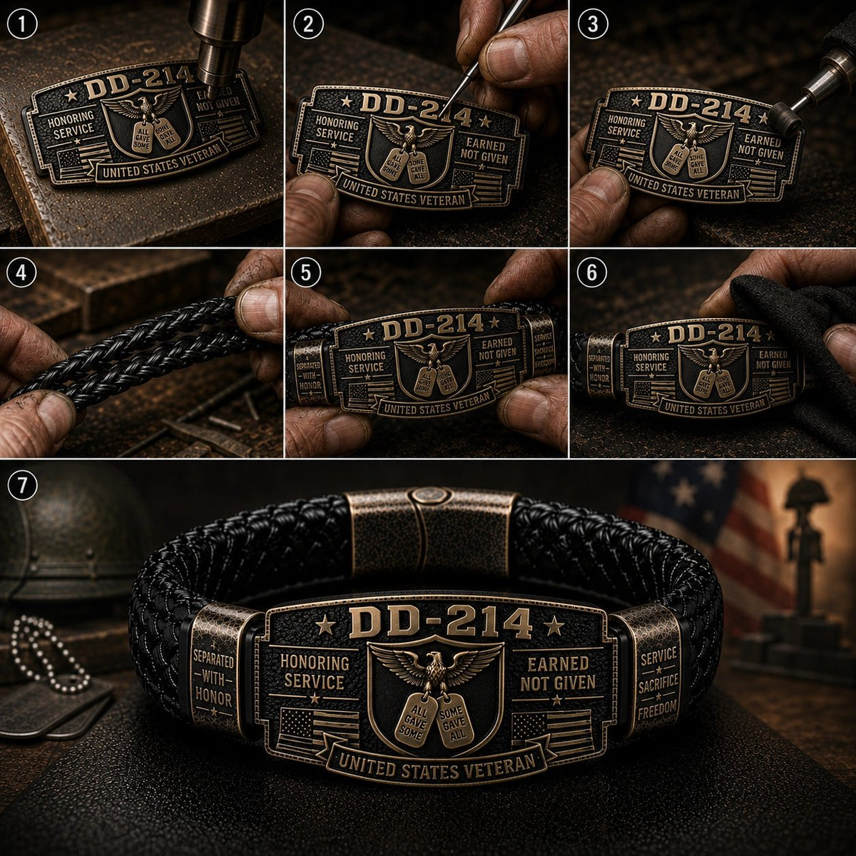 DD-214 bracelet handcraft process — engraving, polishing, and assembly steps