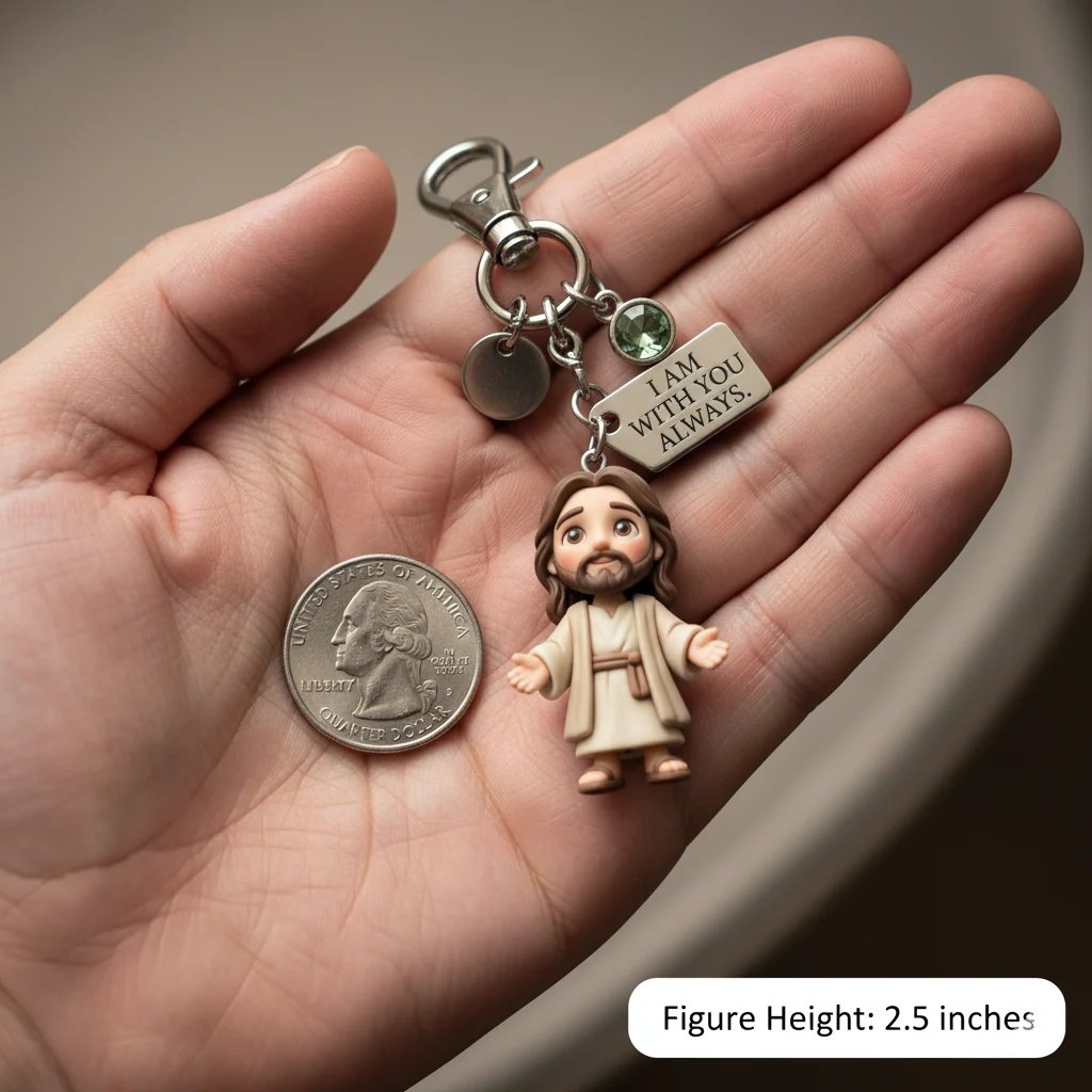 Little Jesus keychain held in hand next to a coin showing 2.5 inch height