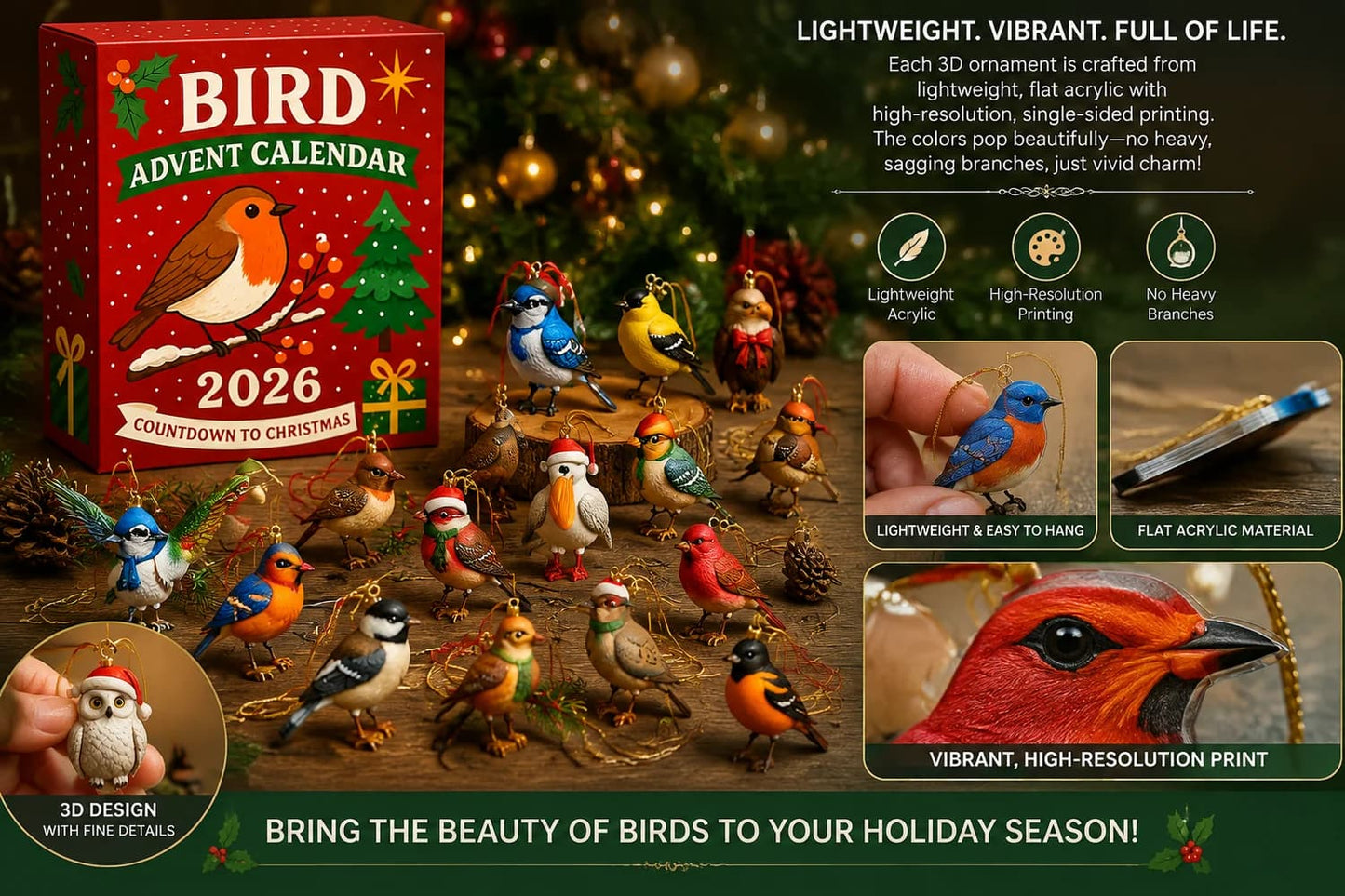 Bird Advent Calendar 2026 – 24 Acrylic Bird Ornaments