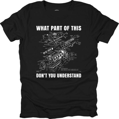 Black What Part of This engine diagram graphic T-shirt, front view