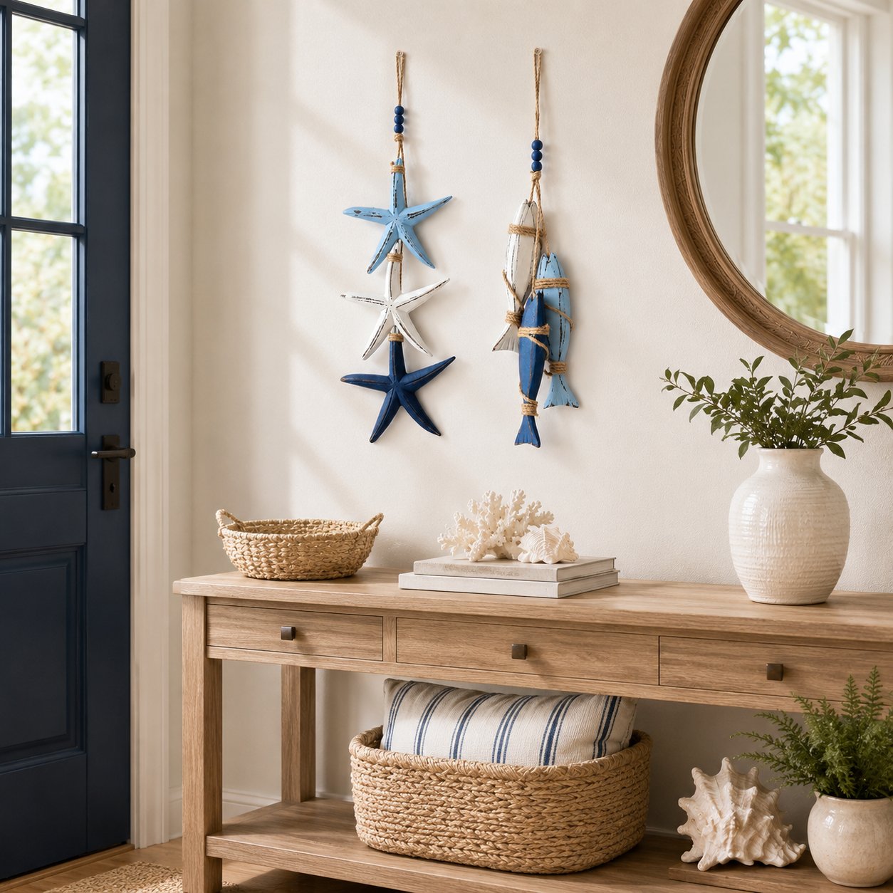 Coastal wooden starfish and fish hanging decor classic style in entryway