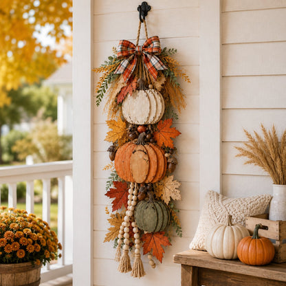 Rustic wooden pumpkin door hanging in daytime porch setting classic style