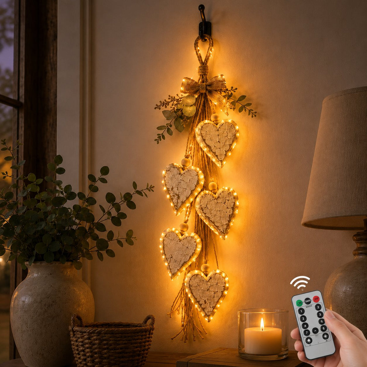 Rustic Neutral heart display with warm LED lights and remote