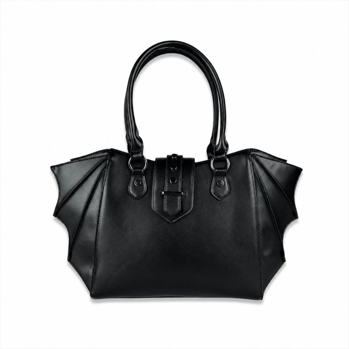 Midnight Black gothic batwing vegan leather tote bag, front view