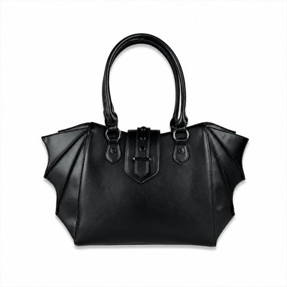 Midnight Black gothic batwing vegan leather tote bag, front view