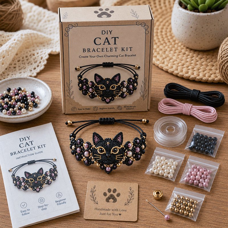 DIY Cat beaded bracelet making kit in black with charm pattern