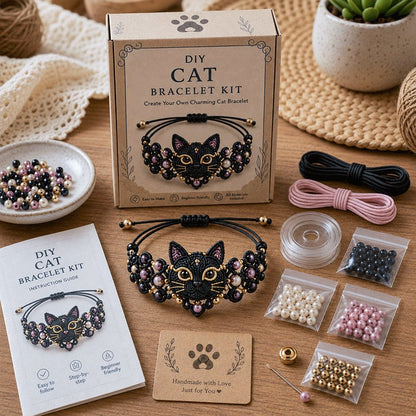 DIY Cat beaded bracelet making kit in black with charm pattern