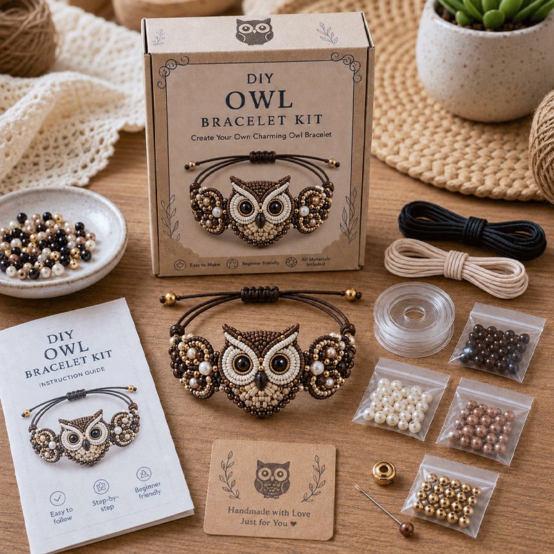 DIY Owl beaded bracelet kit in warm brown tones