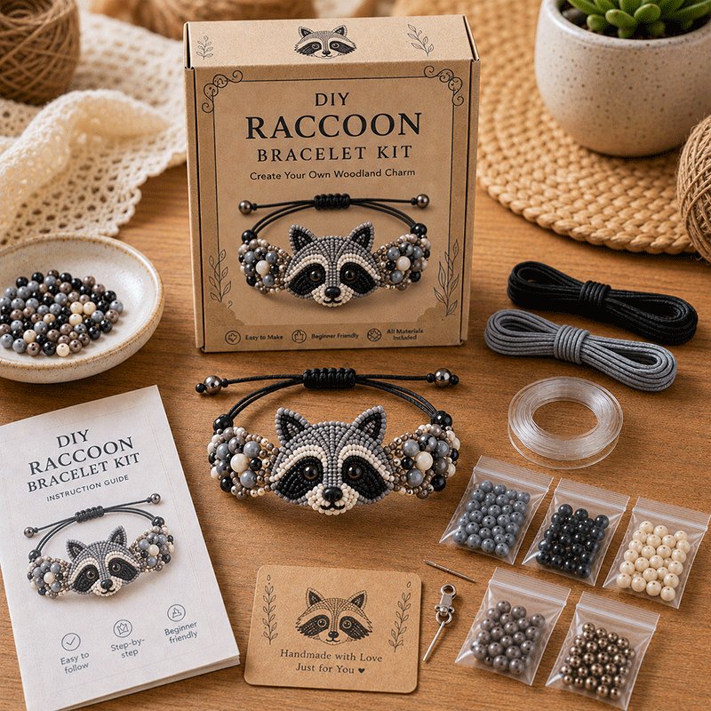 DIY Raccoon beaded bracelet kit in soft gray tones