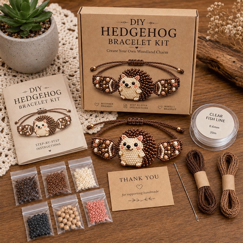 DIY Hedgehog beaded bracelet kit in cozy brown