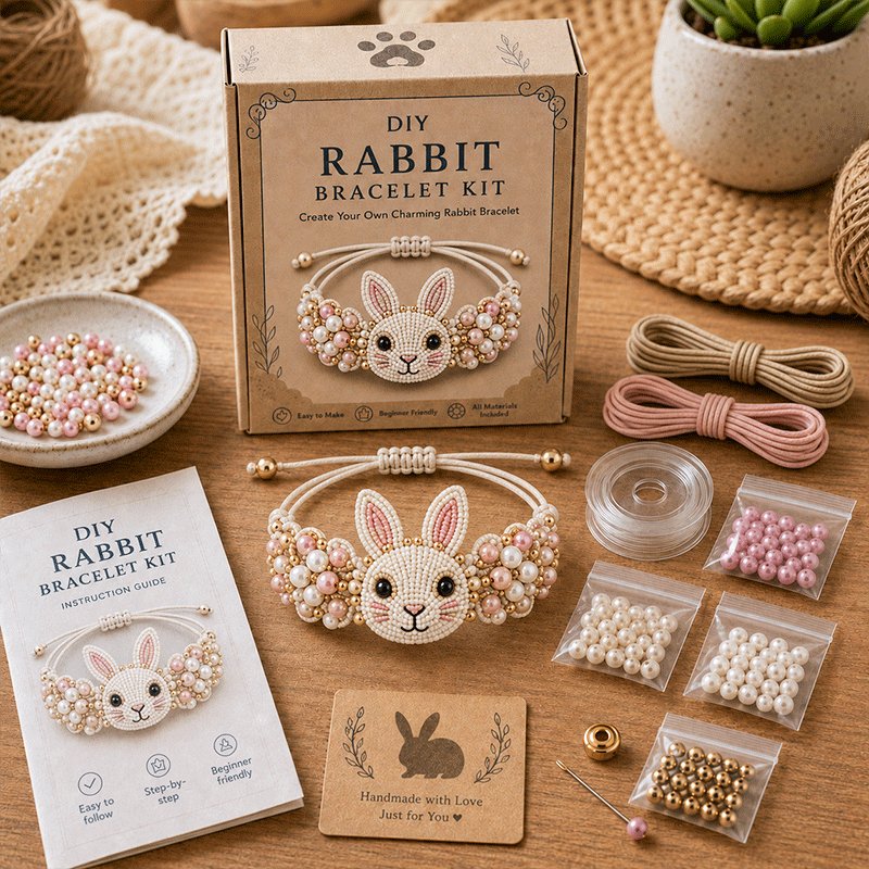 DIY Rabbit beaded bracelet kit in soft pink and white