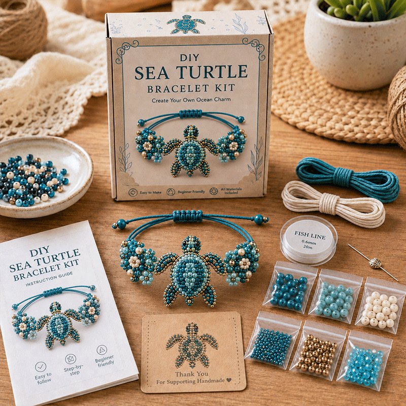 DIY Sea Turtle beaded bracelet kit in ocean blue and green