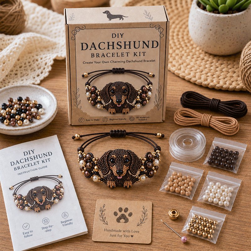DIY Dachshund beaded bracelet kit in warm brown