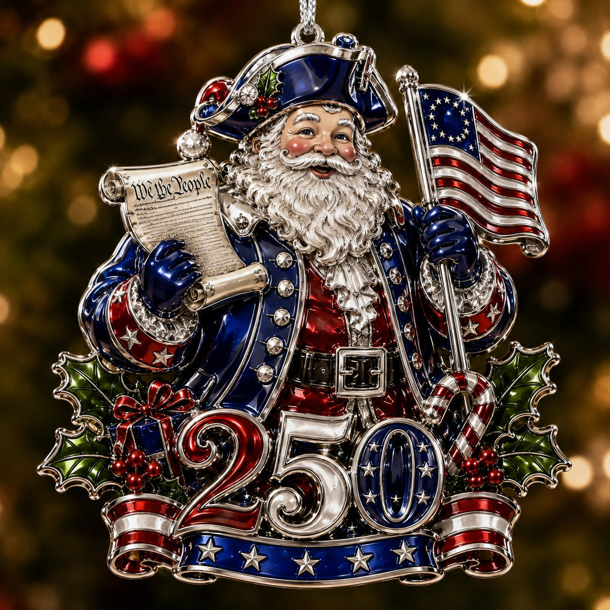 USA 250th anniversary Founding Santa patriotic Christmas ornament