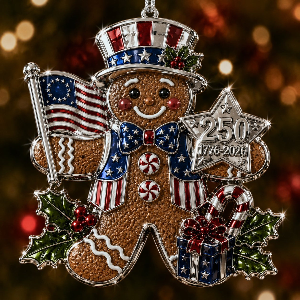 USA 250th anniversary Gingerbread Man patriotic Christmas ornament