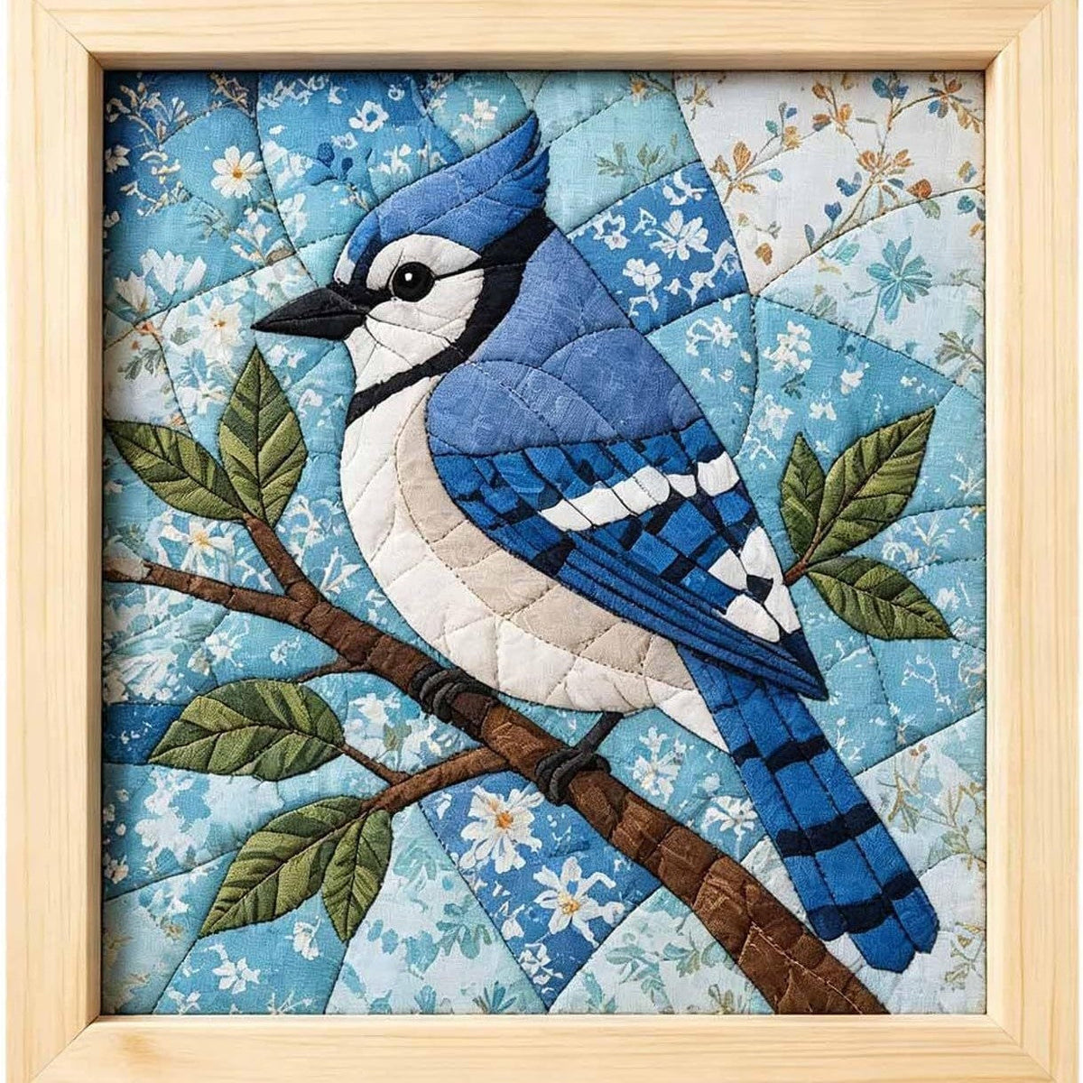 Blue Jay no-sew fabric wall art on floral background