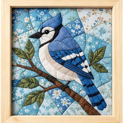 Blue Jay no-sew fabric wall art on floral background