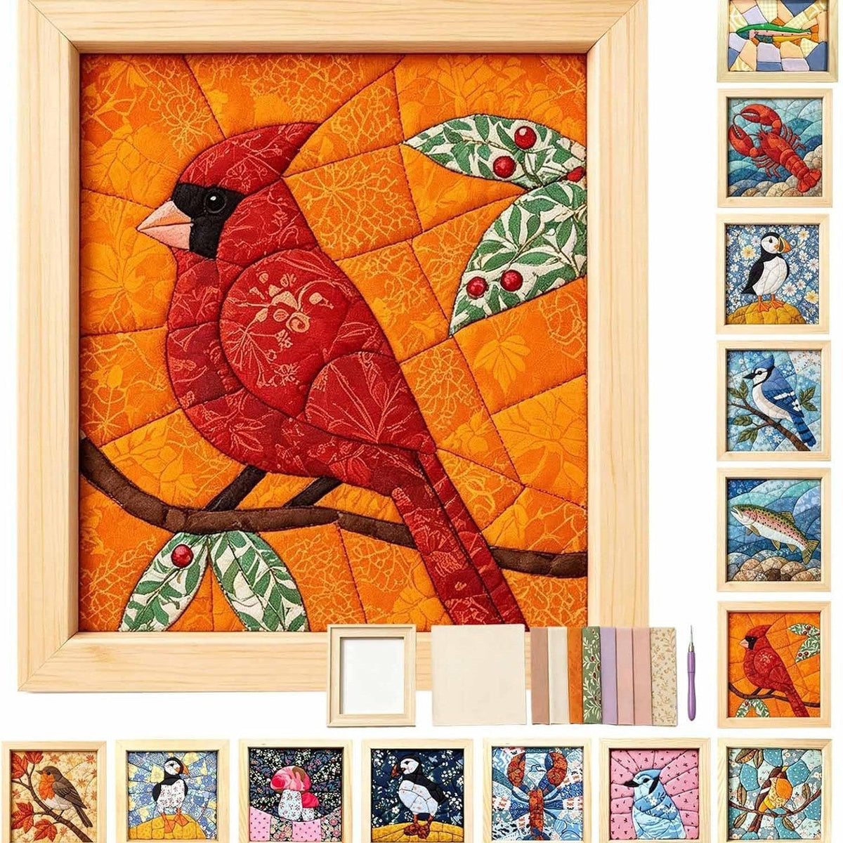 Cardinal red bird fabric art with holly leaves