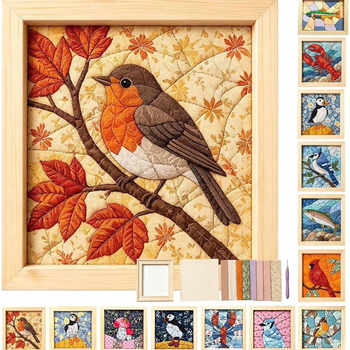 Robin red-breast fabric wall art with fall foliage