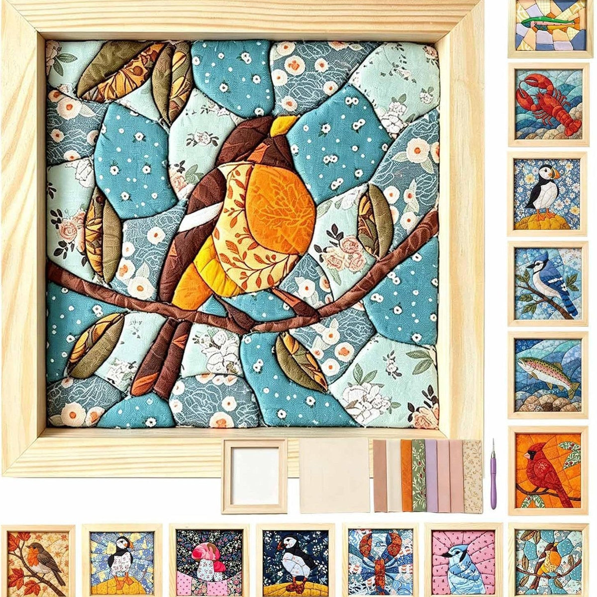 Chickadee songbird fabric art with blue florals