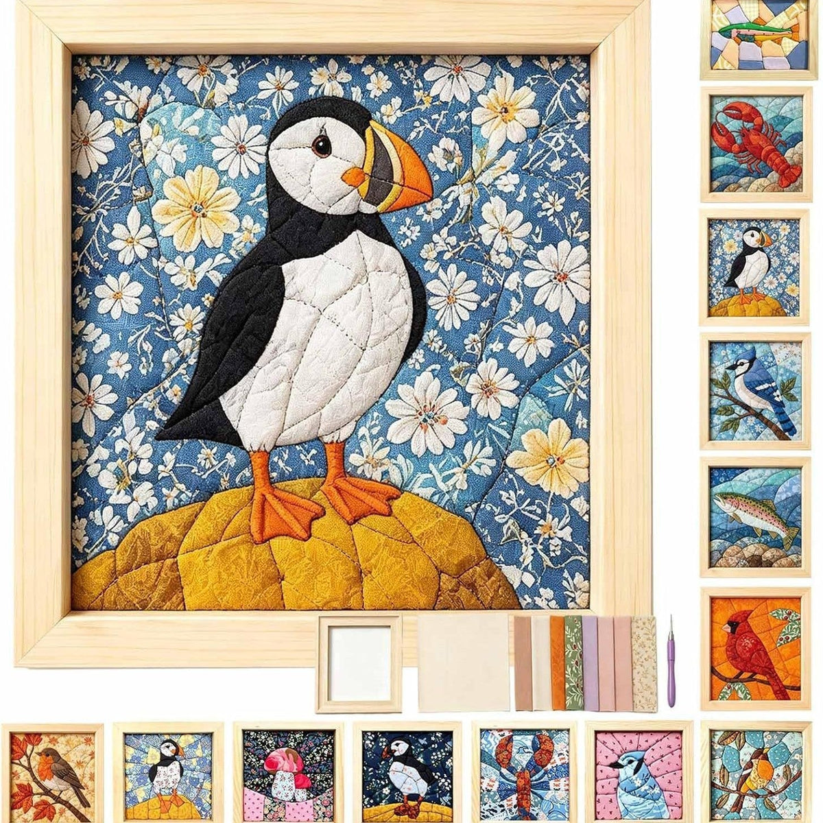 Puffin coastal bird no-sew fabric wall art