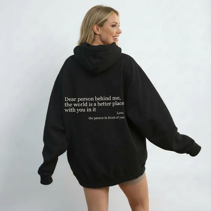 Black Dear Person Behind Me kindness hoodie with back message