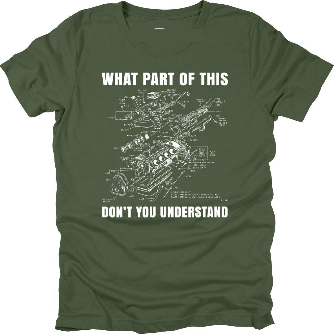Military Green What Part of This engine diagram graphic T-shirt, front view