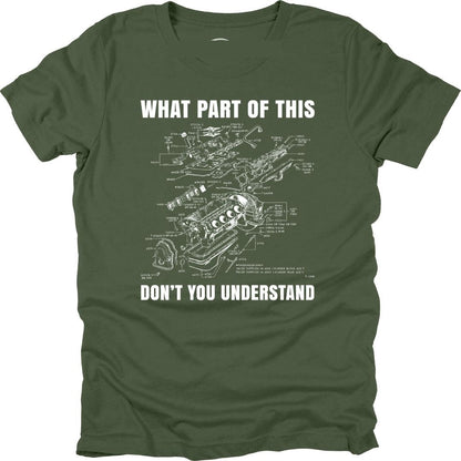 Military Green What Part of This engine diagram graphic T-shirt, front view