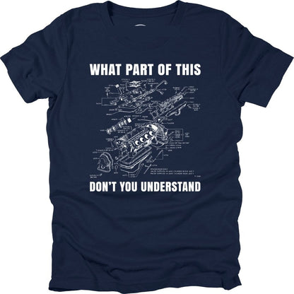 Navy What Part of This engine diagram graphic T-shirt, front view