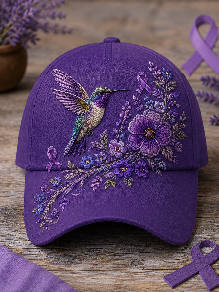 Purple Alzheimer's awareness hummingbird floral hat with purple ribbon