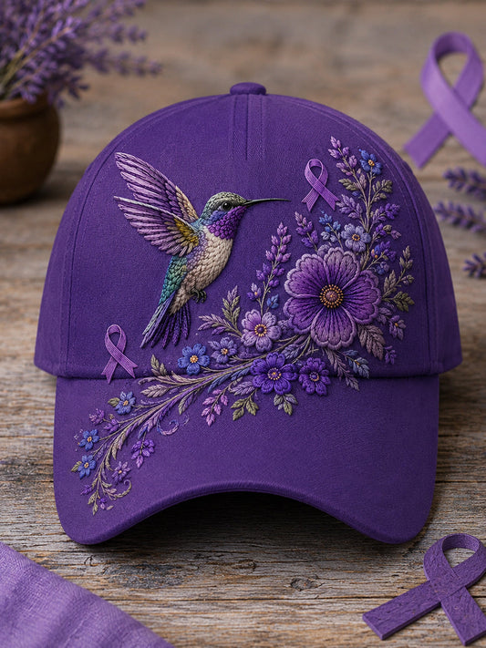 Purple Alzheimer's awareness hummingbird floral hat with purple ribbon