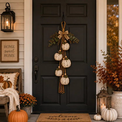 Rustic Wooden Pumpkin Door Hanging with Warm LED Lights