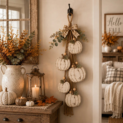 Rustic Wooden Pumpkin Door Hanging with Warm LED Lights