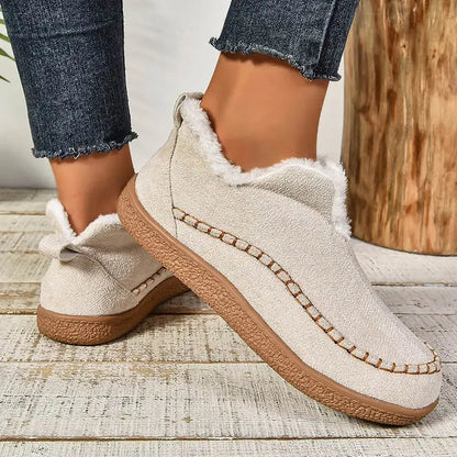 Oatmeal women’s fleece-lined slip-on ankle boots with toe stitching