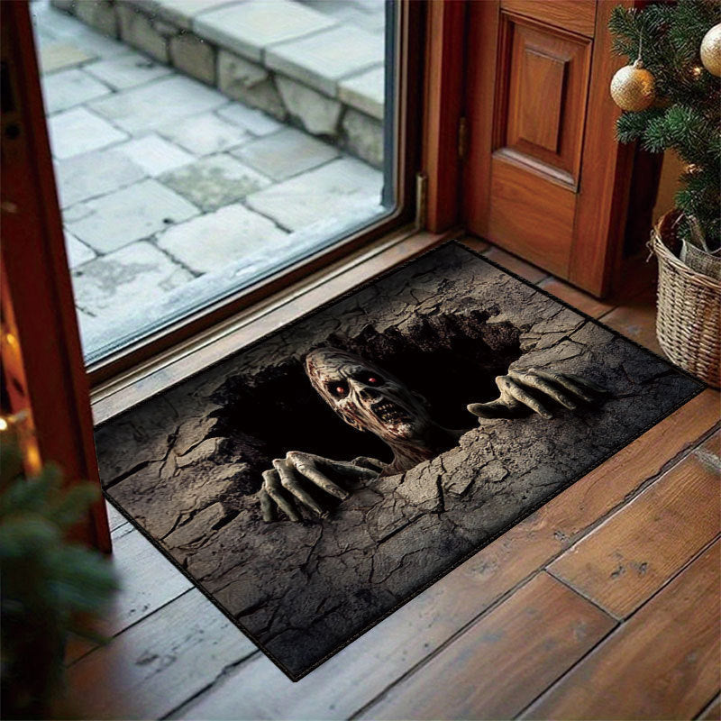 Crawling monster 3D Halloween illusion doormat at an entryway