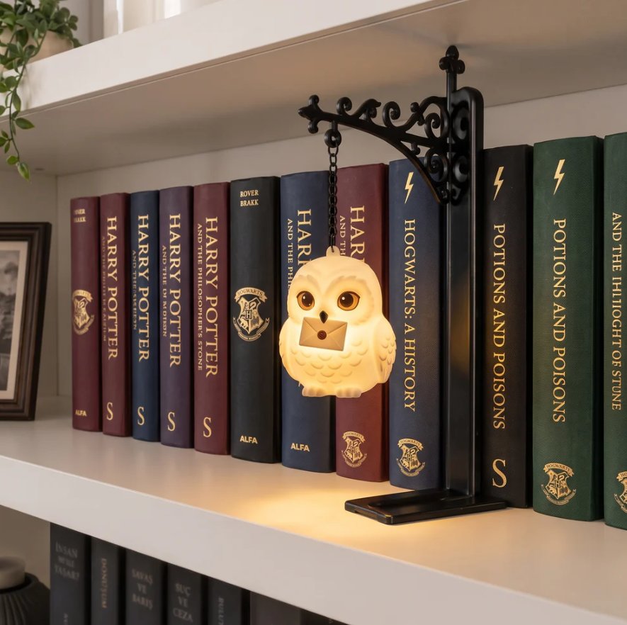 Owl figurine night light on bookshelf iron bracket