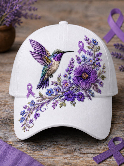 White Alzheimer's awareness hummingbird floral hat