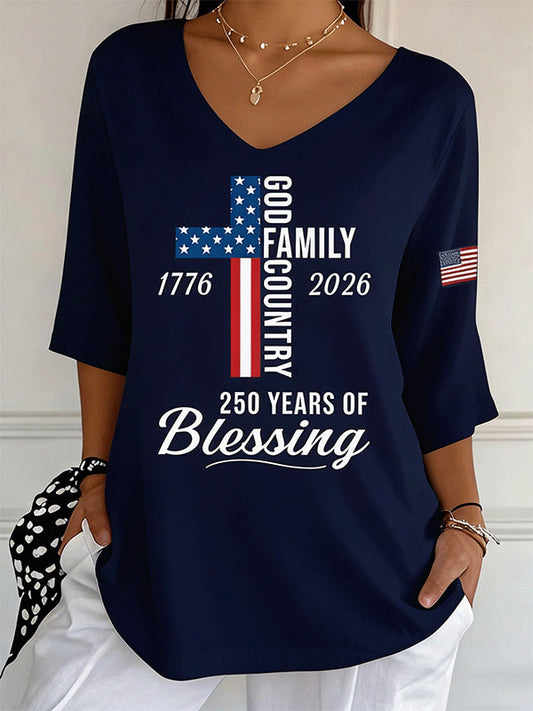 Women's God Family Country Flag Cross V Neck 3/4 Sleeve Casual Tee