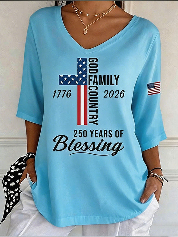 Women's God Family Country Flag Cross V Neck 3/4 Sleeve Casual Tee
